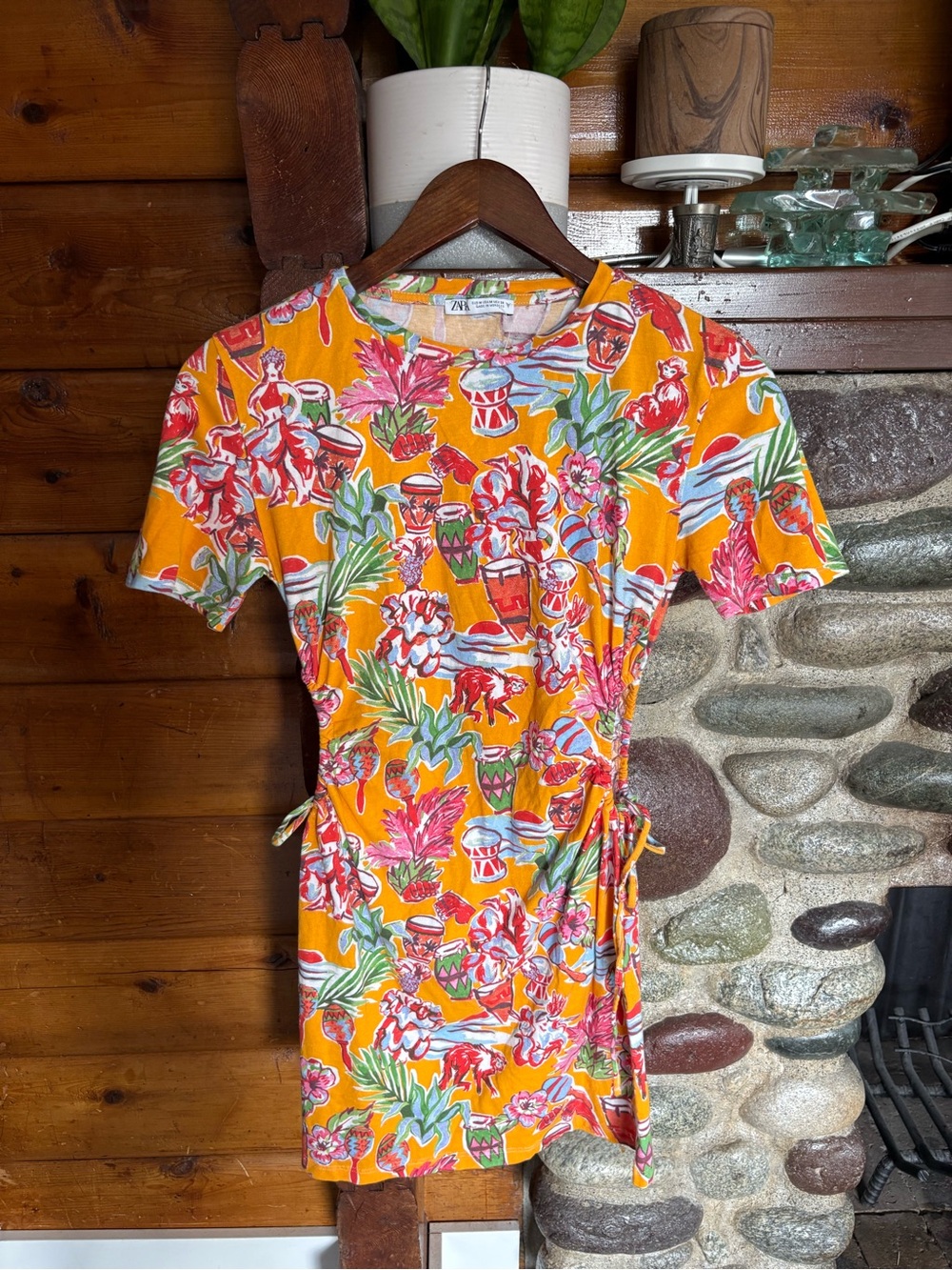 Zara Tropical Print Ruched Cut Out Drawstring Sides Mini Dress Size Medium